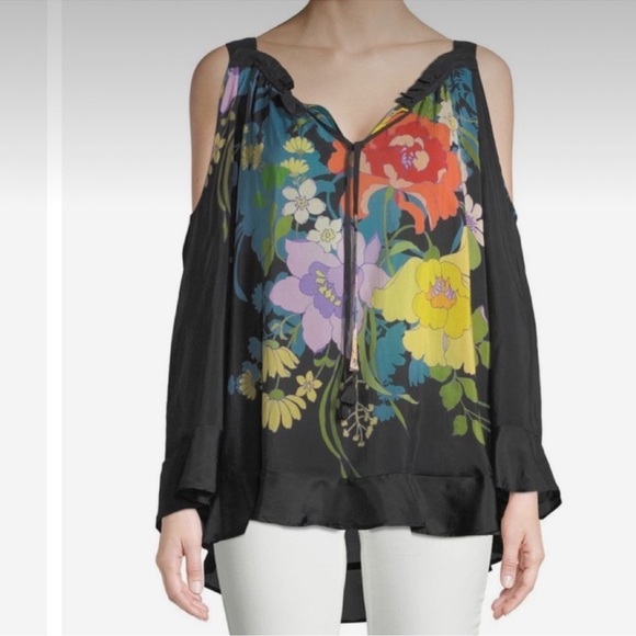 Johnny Was Fusion Cold Shoulder Black Floral Tunic Top Ruffle V Neck Spring SM - Picture 2 of 9